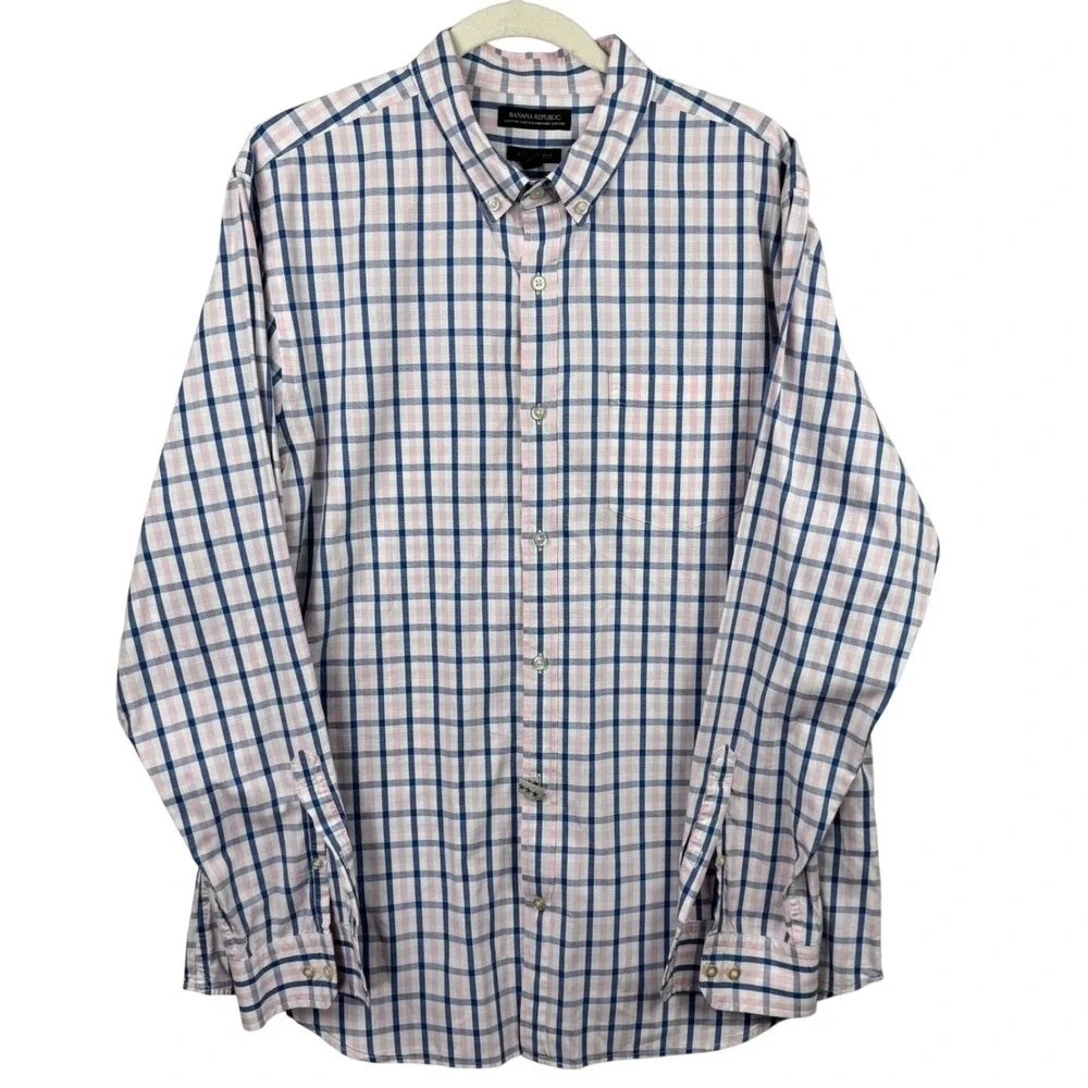 Banana Republic Shirt Grant Fit Men's XL Pink‎ Blue Plaid Cotton Button Down